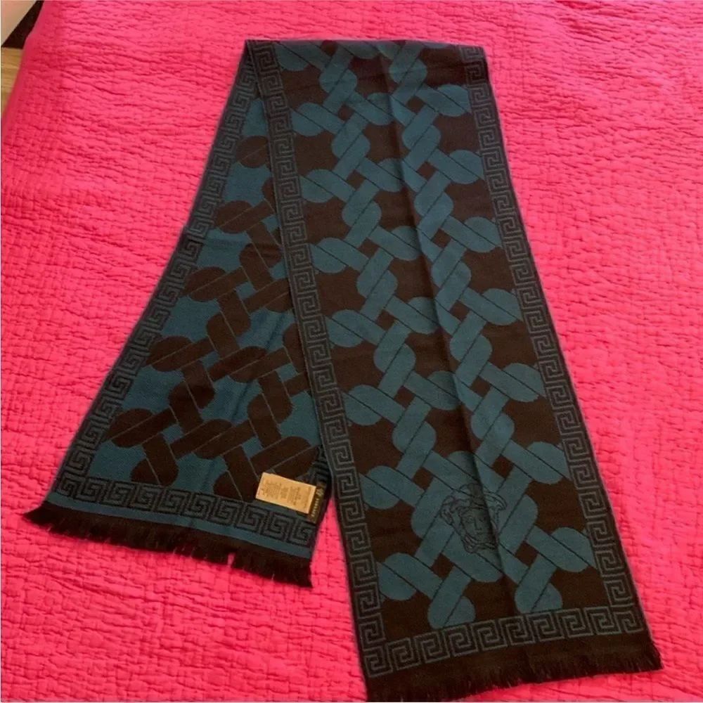 Versace 100% wool Black and Teal Patterned Scarf, 71 x14 inch